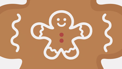 A stylized illustration of a gingerbread man cookie with white icing details and red candy buttons.