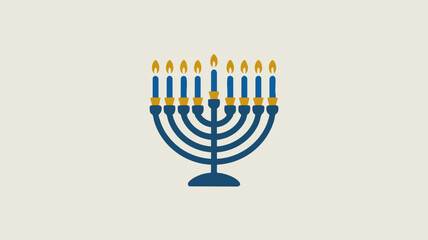 A blue and gold Hanukkah menorah with all nine candles lit against a solid background.