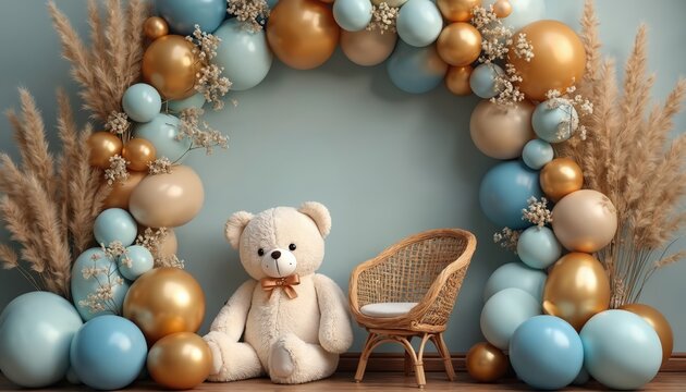 Big teddy bear sits near wicker chair under balloon arch with dried flowers. Pastel blue gold balloons create festive party atmosphere. Cozy setup for baby shower celebration or childs room.