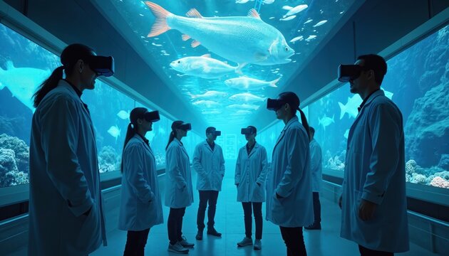 Scientists in white lab coats stand in underwater research facility wearing VR headsets, observe holographic fish, ocean data. Group of researchers analyze marine life in immersive environment with