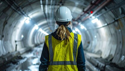 Fototapeta premium Tunnel Maintenance Engineer Walking Through Illuminated Service Passage