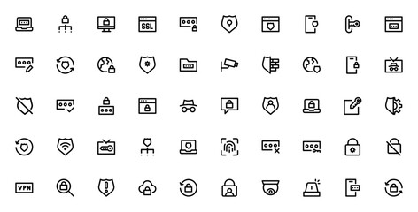 Security UI icon set. Minimal line web icons for lapop, network, shield, passwrd, lock, VPN, and more. Eitable vector illustrationfor data protection and prvacy.