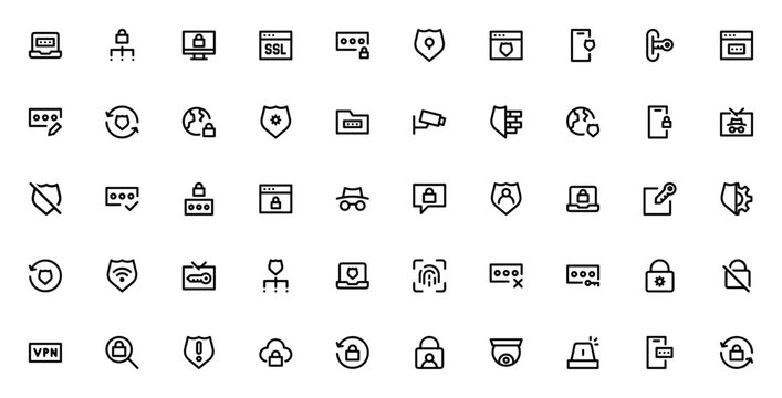 Security UI icon set. Minimal line web icons for lapop, network, shield, passwrd, lock, VPN, and more. Eitable vector illustrationfor data protection and prvacy.