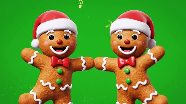 Two cheerful gingerbread men with Santa hats, bowties, and musical notes on green background