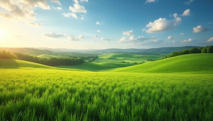 Fototapeta premium Lush green rolling hills under a bright blue sky with scattered clouds. Sunlight streams across the verdant landscape, highlighting the vibrant grass. Peaceful rural scenery stretches to the horizon.