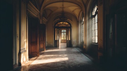 Obraz premium Sunlight streams through tall windows illuminating the decaying interior of an ornate hallway
