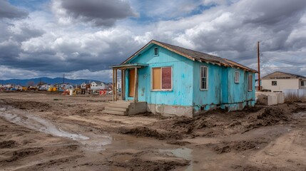 Obraz premium Dilapidated turquoise dwelling sits amidst muddy construction site under dramatic sky