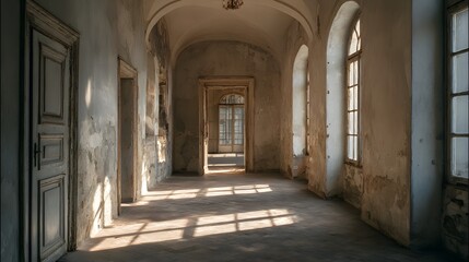 Sunlight streams across the aged floor of an abandoned, decaying interior hallway