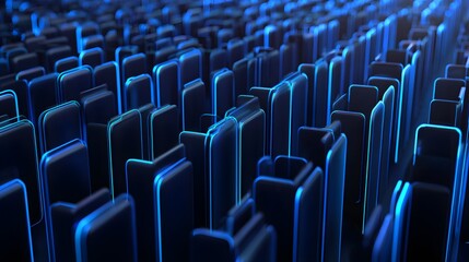 Fototapeta premium Array of dark, vertical structures illuminated by subtle electric blue light edges