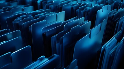 Fototapeta premium Rows of blue illuminated abstract file tabs recede into a dark background.