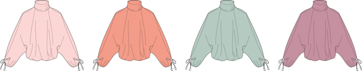 Set of women's long sleeve crop windbreaker jackets with high neck and drawstrings. Fashion flat technical sketch template for apparel design © Habib