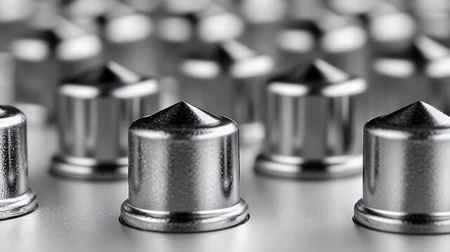 Macro Shot of Rows of Silver Metal Components With Pointed Tops on a White Surface