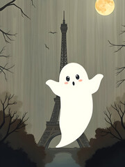 Halloween Ghost in Paris – Eerie Full Moon Night in Grey Tones