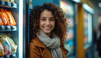 Happy woman leans against vending machine. She smiles and looks at camera. Modern tech for buying snacks drinks. Consumerism and urban lifestyle.
