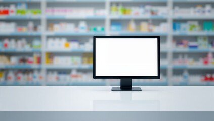 Computer monitor with blank screen on pharmacy counter, blurred background