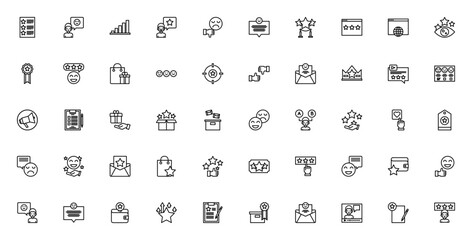 Customer Review Icon Set. Vector illustration featurng rating, star, like, feeback, comment, medal, custmer satisfaction, survey, nd more. Editable stroke.