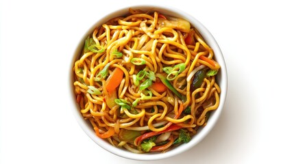Top view of stir-fried noodles with vegetables in a round white bowl on a plain background