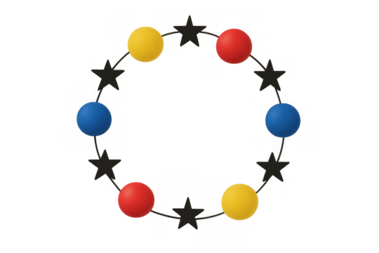 Colorful spheres and stars forming a circle representing unity, diversity, and connection on transparent background