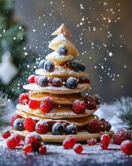 Stacked pancakes in shape of Christmas tree, topped with powdered sugar, berries. creative dessert, cozy holiday food, edible Christmas tree, winter holiday breakfast. recipe, festive baking concept.