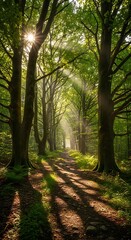 Fototapeta premium Sunlit Path Through a Verdant Forest - A Serene Woodland Escape.