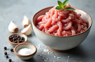 Raw pink minced meat in ceramic bowl, garnished with fresh green herb. Fresh garlic cloves, black peppercorns, sea salt on grey stone surface. Food ready for cooking, ideal for making stuffing,