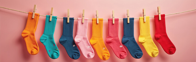 Various colorful socks hang on a clothesline. Bright orange, teal, navy blue, pink, yellow and red socks are secured with wooden clips against a plain pink backdrop. A simple laundry day scene.
