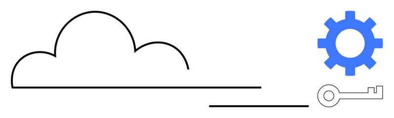 Cloud outline connected to a blue gear and a key representing security, access, and technology. Ideal for network management, cybersecurity, data safety, automation, cloud storage, IT solutions