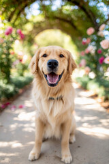 バラのアーチの下でおすわりするゴールデンレトリバー
