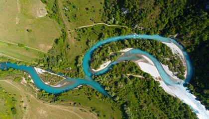 Aerial View of Braided Teal River Bends