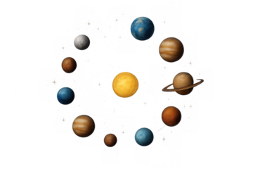 Solar system planets orbiting the sun on a transparent background, displaying astronomy and space concepts
