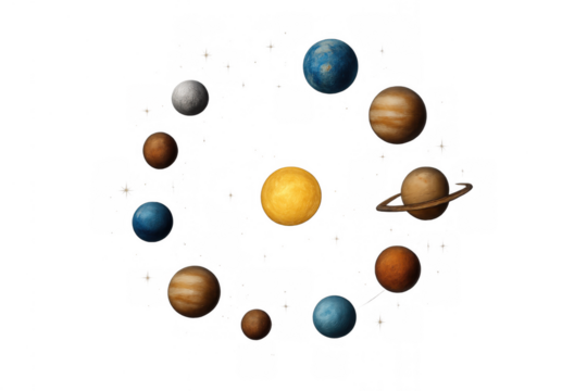 Solar system planets orbiting the sun on a transparent background, displaying astronomy and space concepts