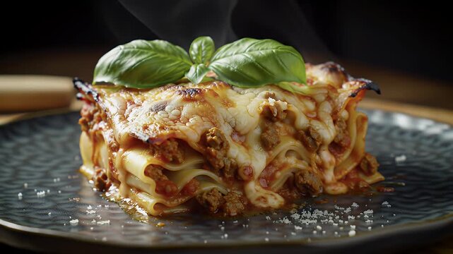 Delicious Hot Lasagna With Melted Cheese and Fresh Basil Topping Served on a Dark Plate With Steam Rising