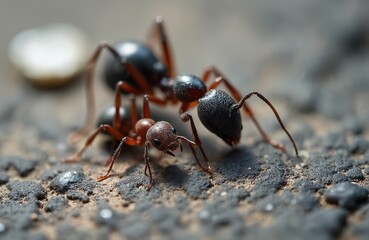 Close up photo shows details of two ants. Insects display their bodies with legs antennae and jaws. Animals interact each other in nature. Bug fauna macro.