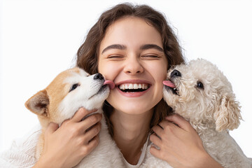 両サイドの愛犬になめらて満面の笑みの女性、犬たちのふれあいポートレート
