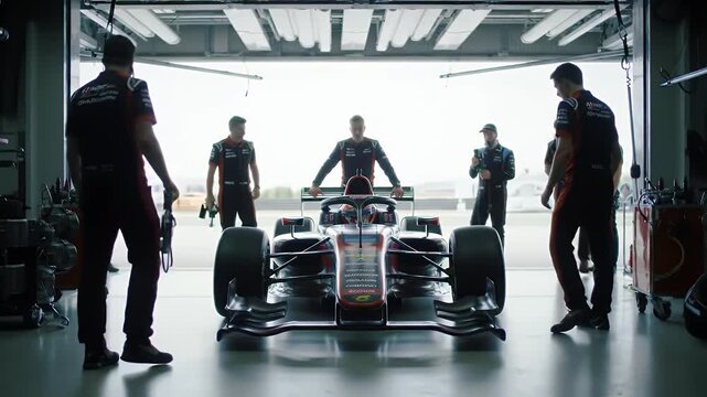Race Car Team Prepares Vehicle Inside Garage With Open Bay Doors Bright Daylight
