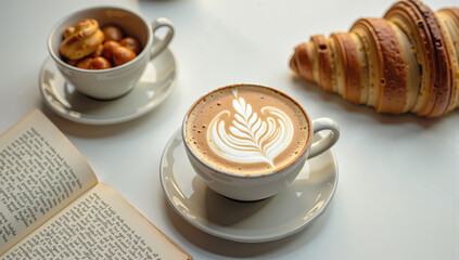 Morning coffee with croissant and open book, warm sunlight creating cozy café vibes, latte art perfection for relaxing breakfast moments