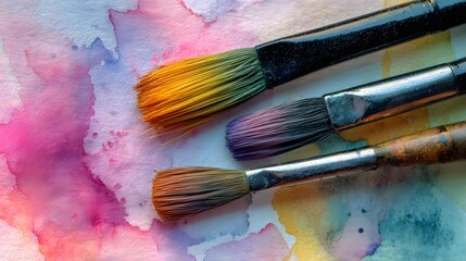 Obraz premium Three art brushes rest across vibrant, wet watercolor washes on textured paper