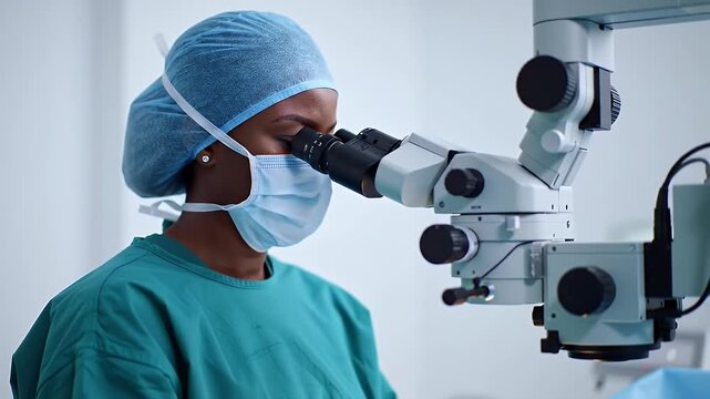 Female Surgeon in Green Scrubs and Surgical Cap Examines Specimen Under Microscope in Brightly Lit Operating Room