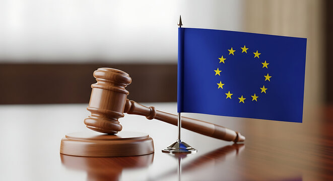 A wooden gavel and european union flag are placed on a shiny brown surface in a well lit environment