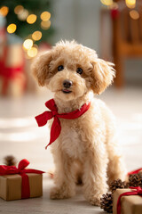 クリスマスの魔法に包まれた赤いリボンのトイプードル
