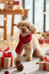 クリスマスの魔法に包まれた赤いリボンのトイプードル
