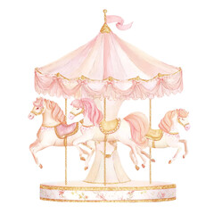 メリーゴーランドの水彩イラスト かわいいピンクのメリーゴーランド