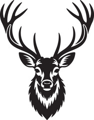 Naklejka premium Black and white illustration of a stag's head with large antlers and a shaggy mane deer