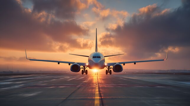 Commercial airliner faces forward on an airport runway bathed in warm sunset light