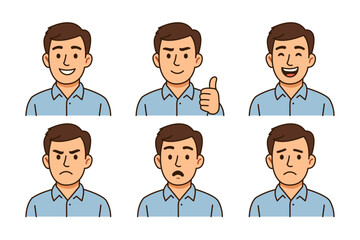 Set of Adult Man Face Avatars with 6 Different Emotions - Male Cartoon Expression Icons, User Moods Illustration