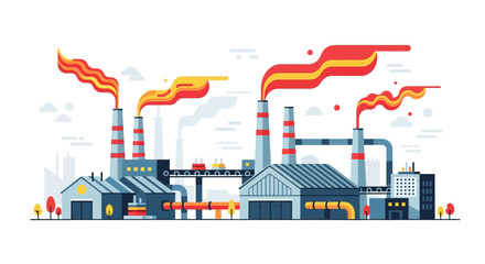 Obraz premium Industrial factory complex with tall smokestacks emitting colorful smoke vector illustration. Flat Vector Illustrations. EPS Editable