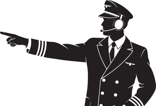 Black and white silhouette illustration of a pilot in uniform pointing with a headset