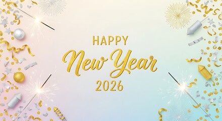New Year's greeting card design with fireworks and ribbon accents