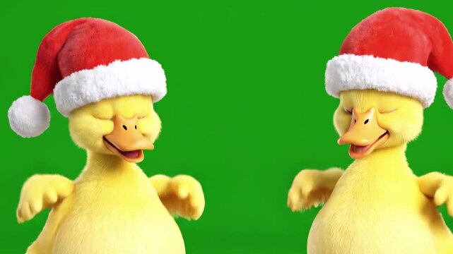 Two cartoon ducklings in Santa hats, set against a green background, with outstretched wings