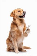 スマートフォンを持つゴールデンレトリバーのユニークなポーズ
